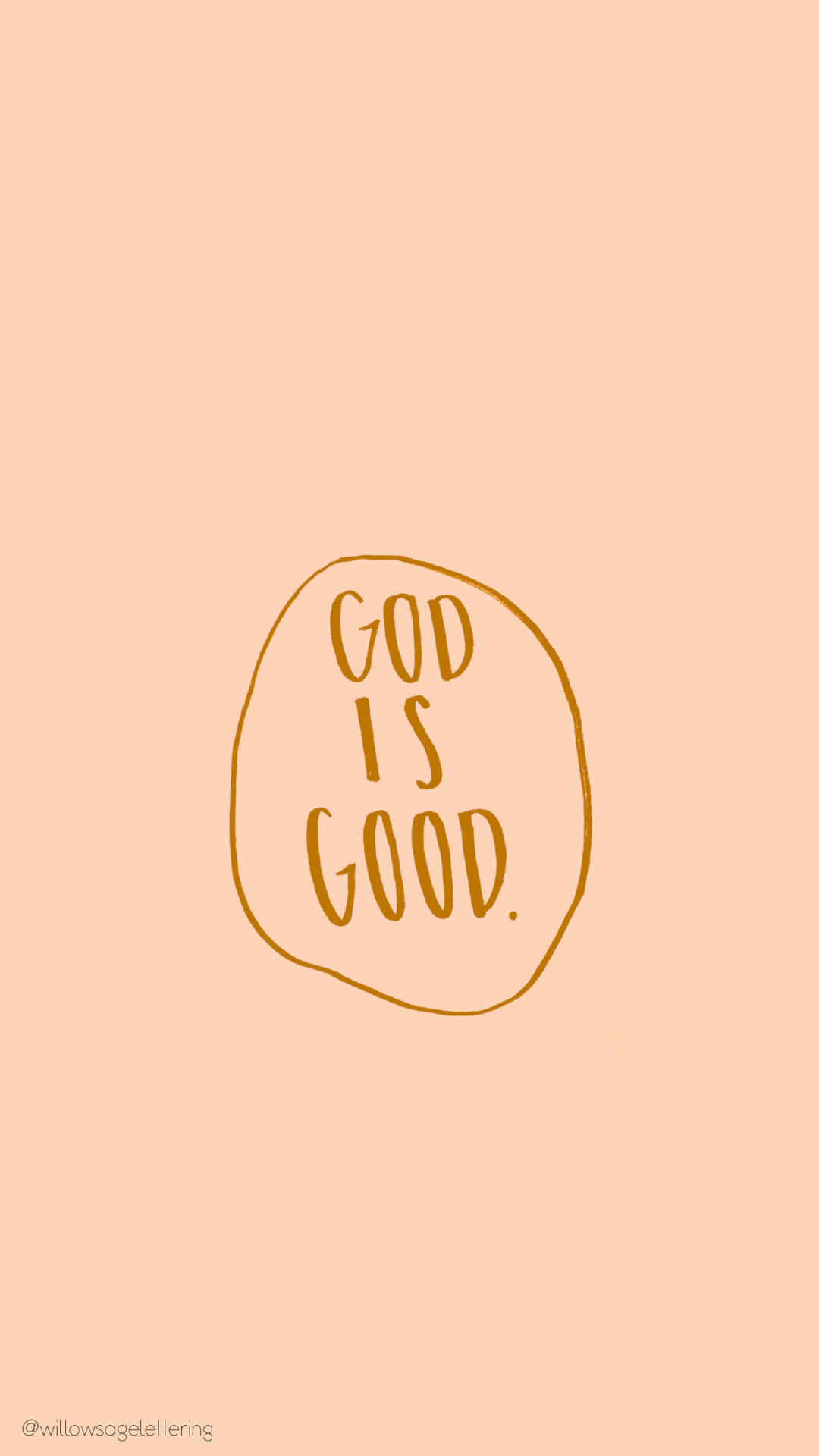 桃色背景上以金色手寫的「God is Good」字句。
