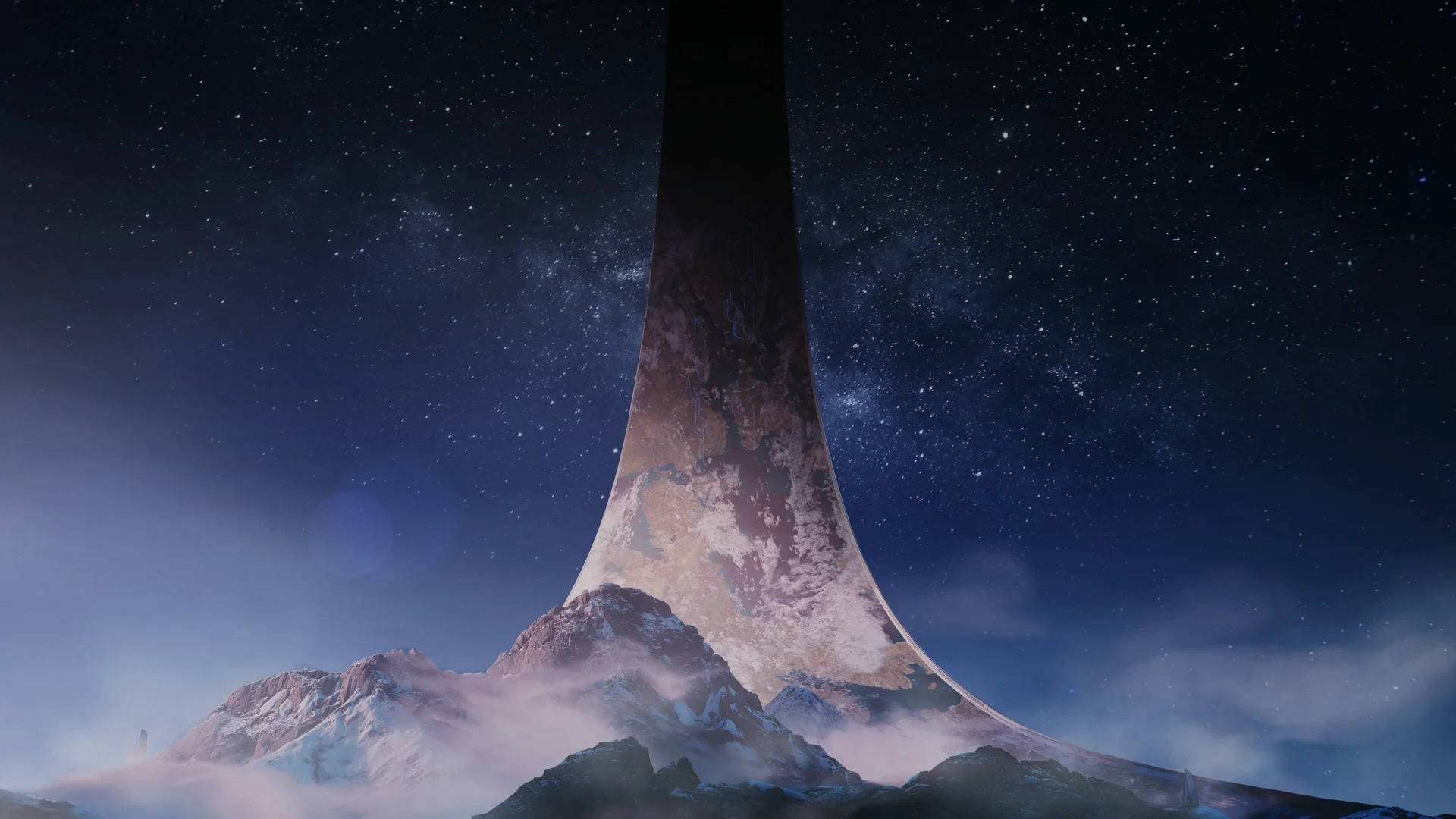 在星空下，一座高聳的巨石柱從雪山中升起。
