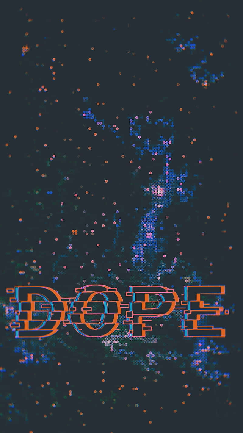 酷炫亮麗 iPhone 壁紙 — 像素化的「DOPE」文字在帶有彩色數位噪點的深色背景上發出橙色和藍色光芒。