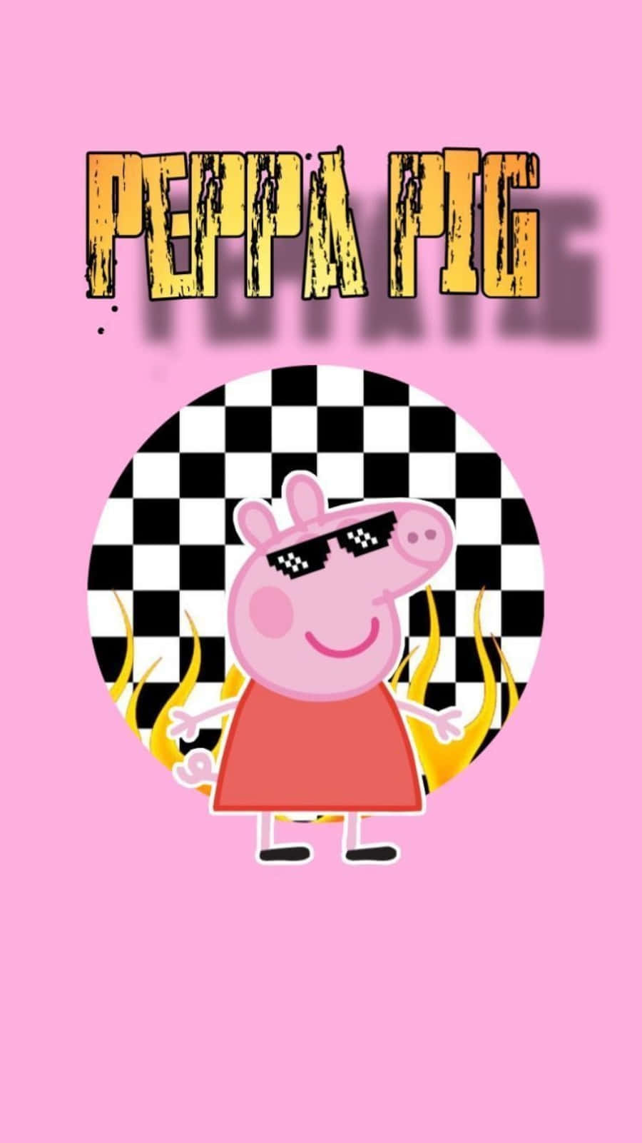 Peppa Pig 戴太陽眼鏡，身後有火焰，背景是粉紅色。