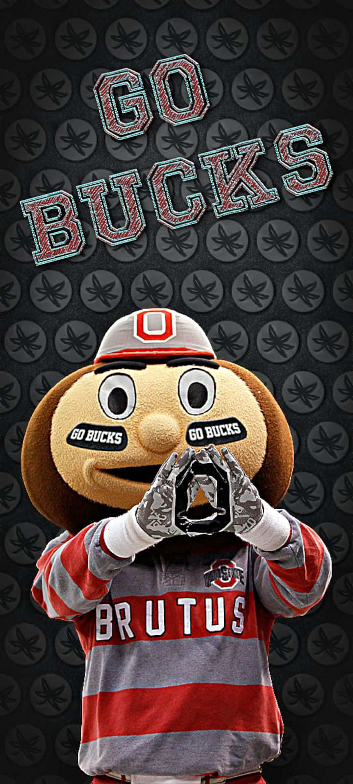 Brutus Buckeye 吉祥物手持一個帶有 Go Bucks 文字的足球。