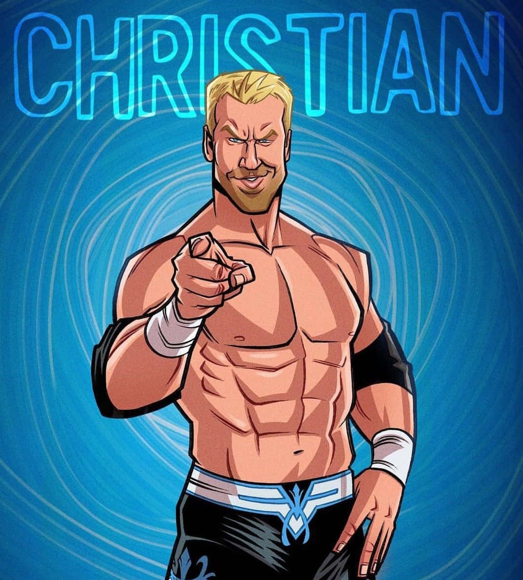 摔角手Christian在藍色旋轉背景上以強烈表情指向觀眾。