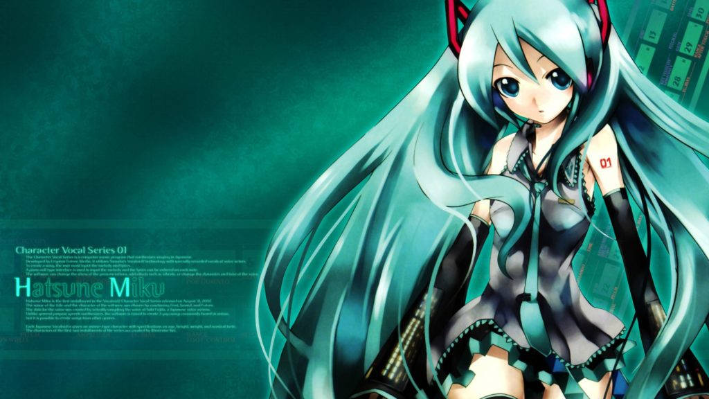 酷炫初音未來 壁紙 — 動漫角色初音未來，擁有長長的藍綠色頭髮和未來風格的服裝，站在發光的青綠色數位背景前。