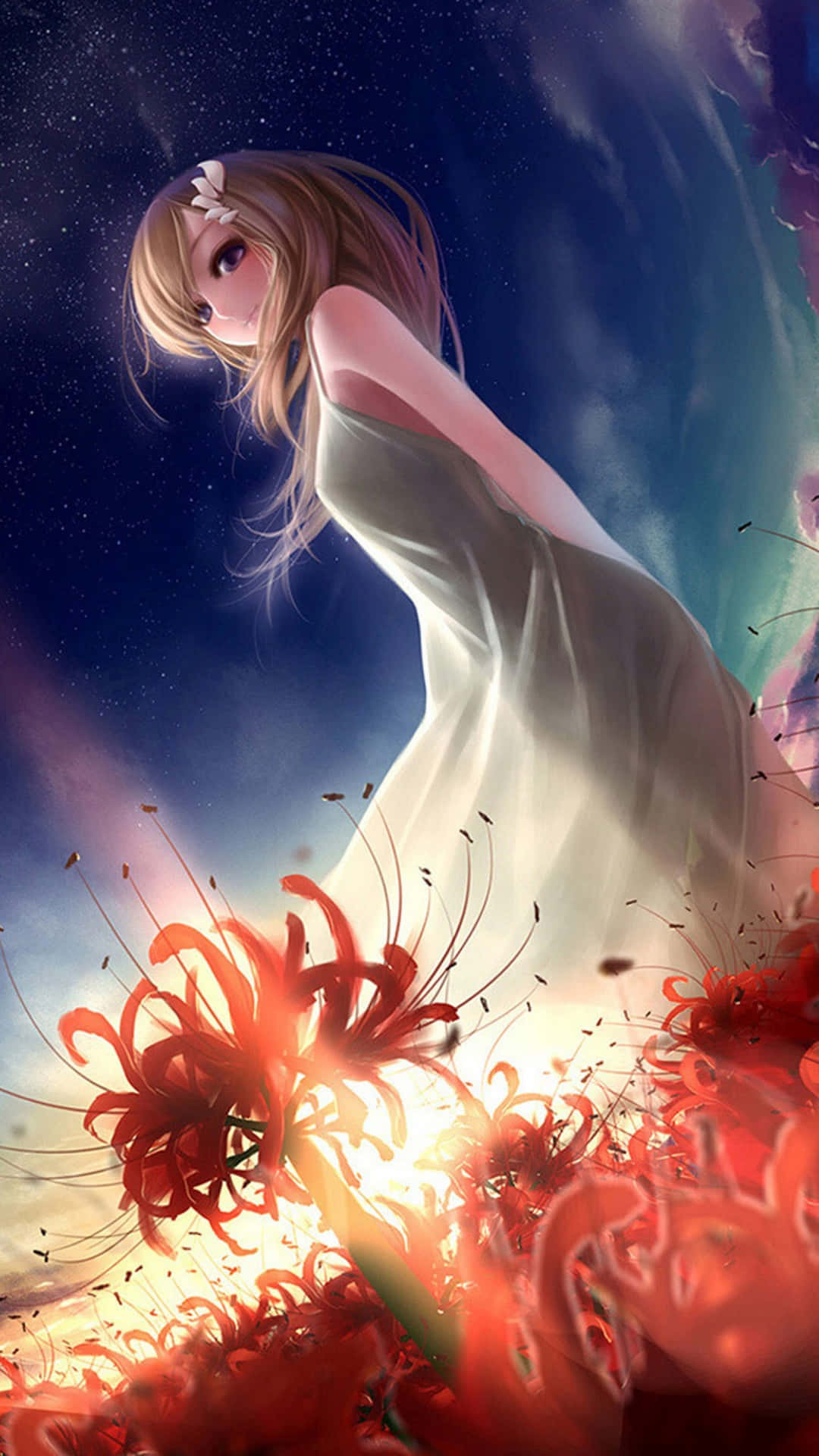 星空下，被紅色彼岸花包圍的白色連衣裙動漫女孩。