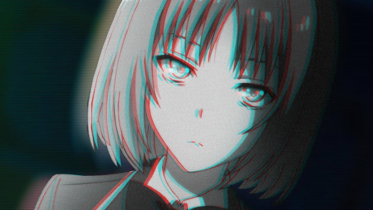 在黑暗環境中帶有故障效果和強烈凝視的動漫女孩