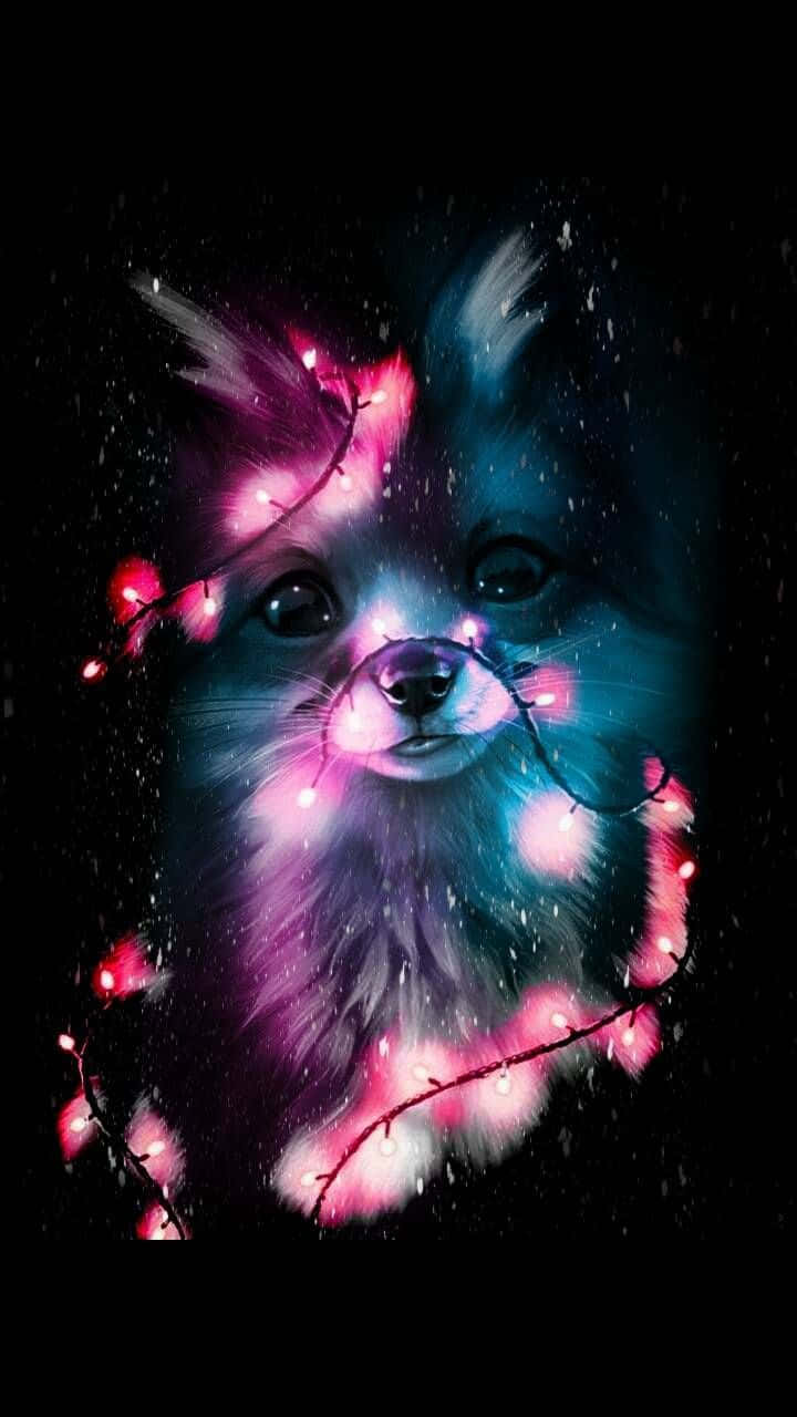 酷炫動物銀河的獨特與令人滿意的視覺呈現 壁紙 — 一隻毛茸茸的狗臉在黑暗的雪景背景下散發出鮮豔的粉紅色和藍色光芒。
