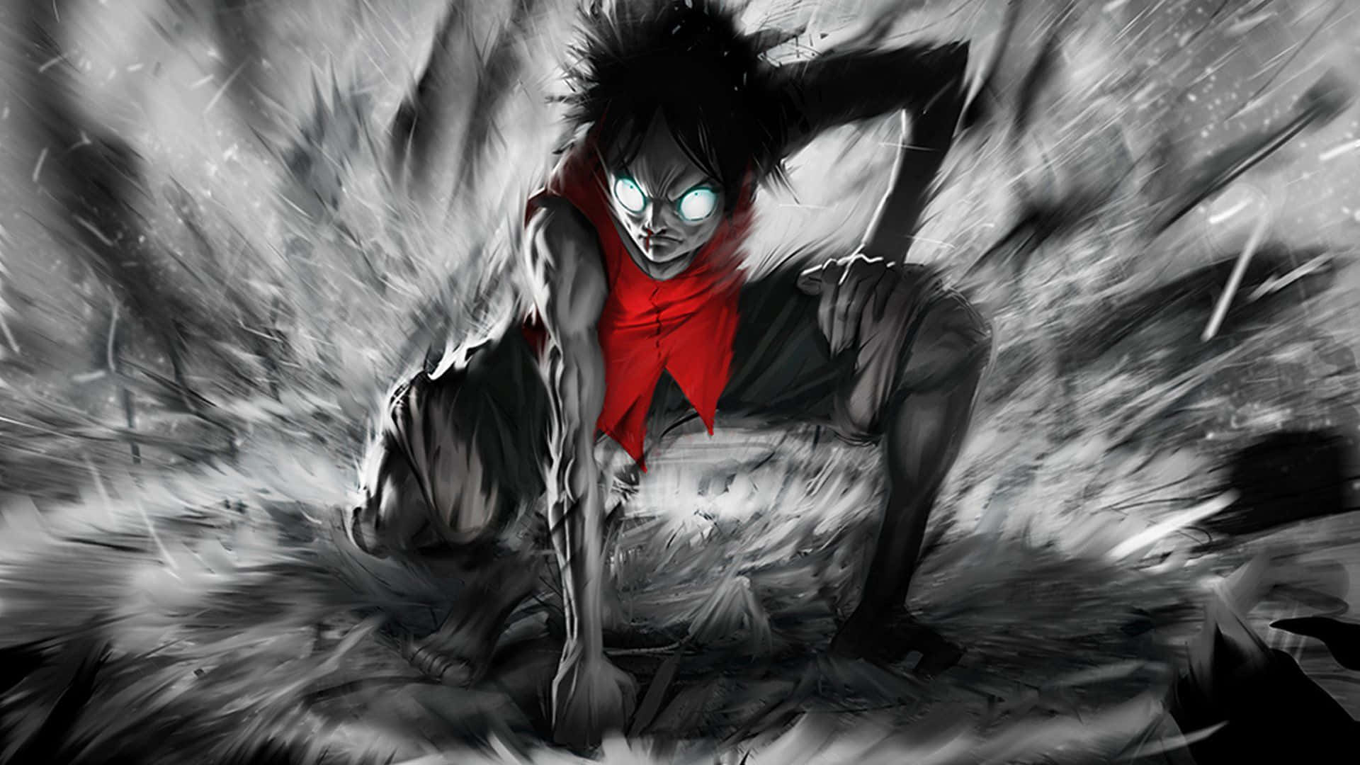 酷炫動畫角色《海賊王》路飛 壁紙 — 一個粗獷的動漫戰士，雙眼發光，戴著紅色圍巾，在動態的黑白場景中衝破碎片風暴。