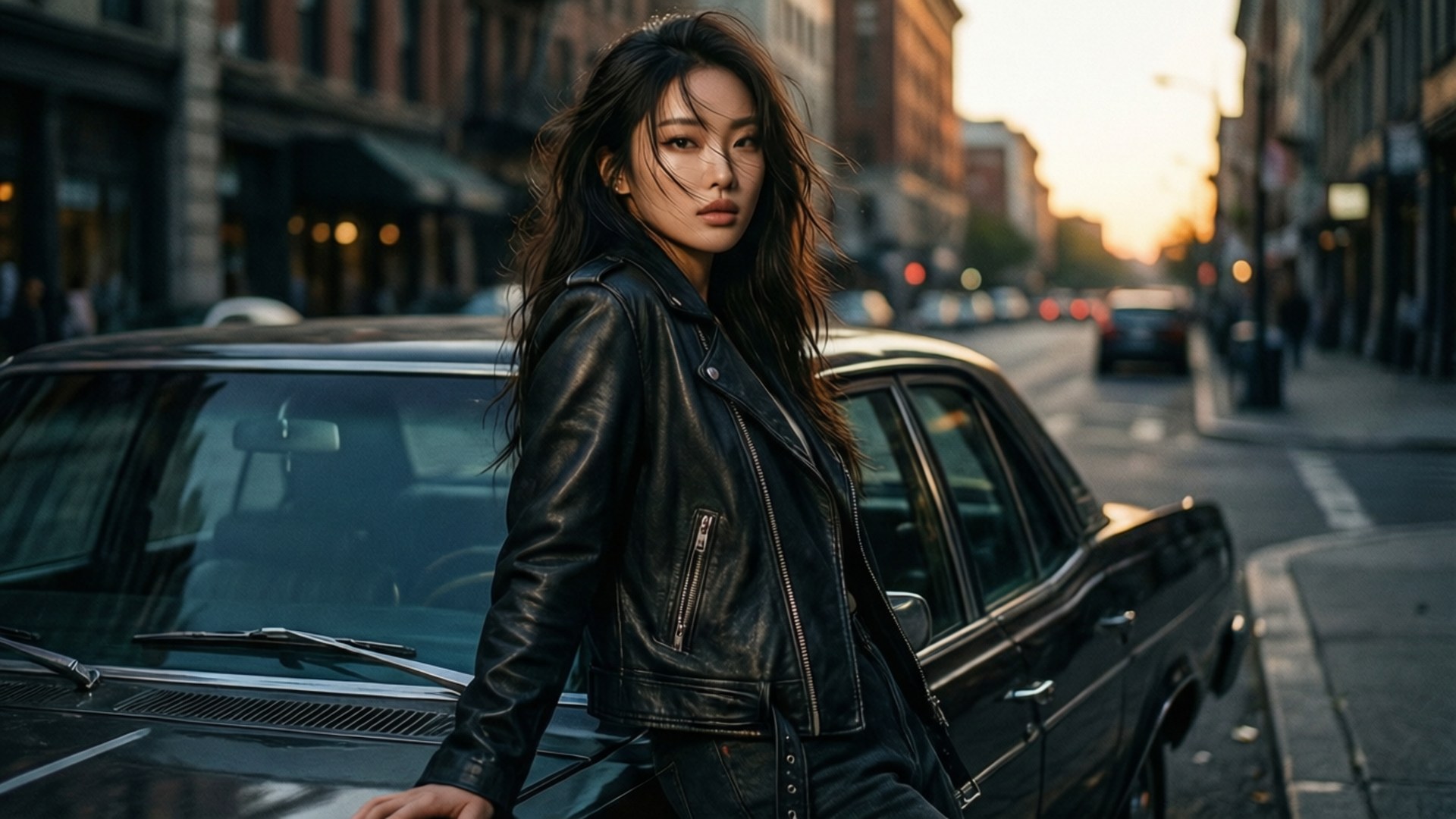 身穿皮褸的女性在日落時分的城市街道上靠著復古車。