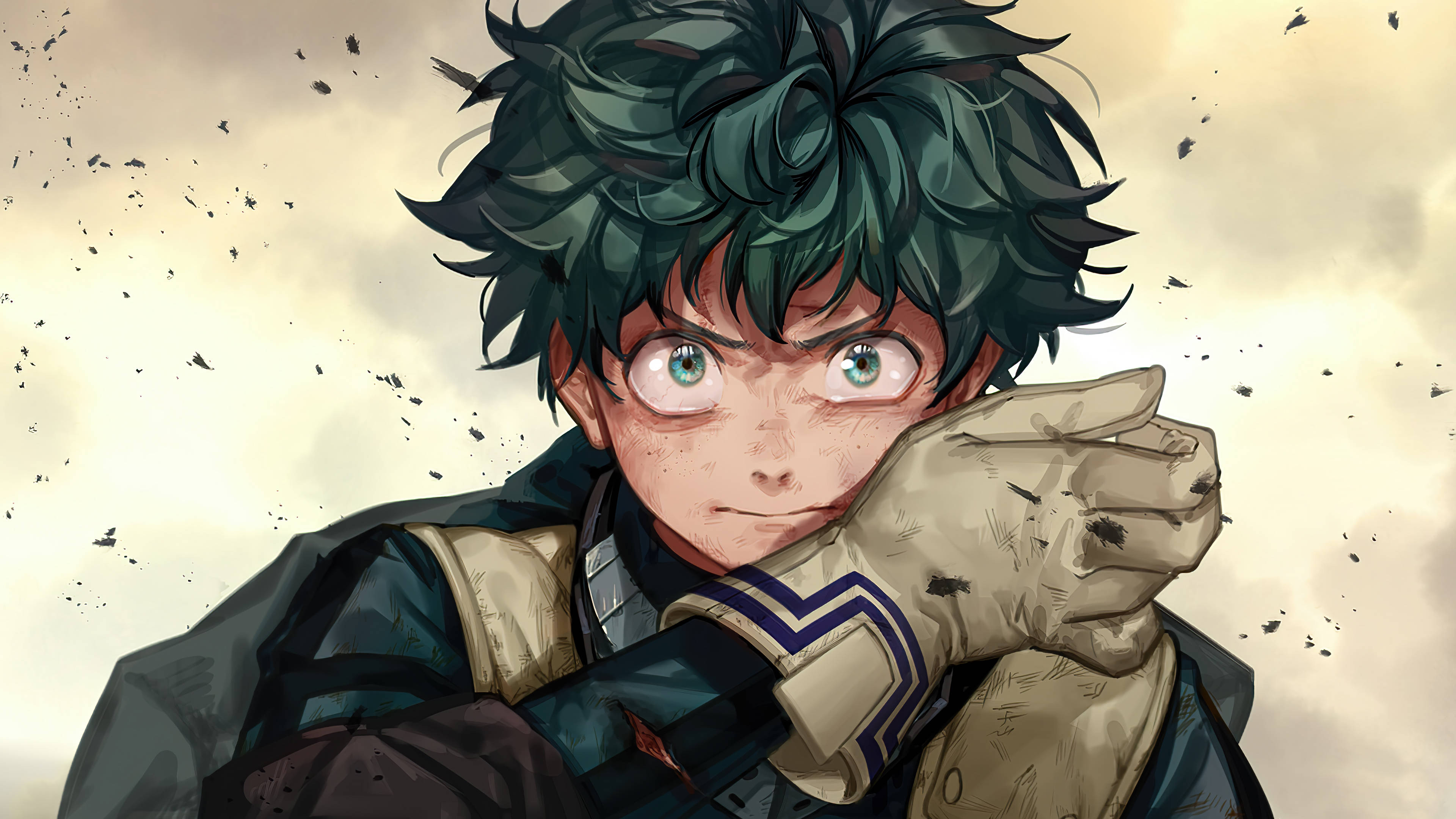 酷炫反派 Deku 同人藝術 壁紙 — 一位堅定的動漫英雄，擁有尖刺的綠色頭髮和藍色眼睛，在飛揚的碎片和陰雲密布的天空背景下握緊拳頭。