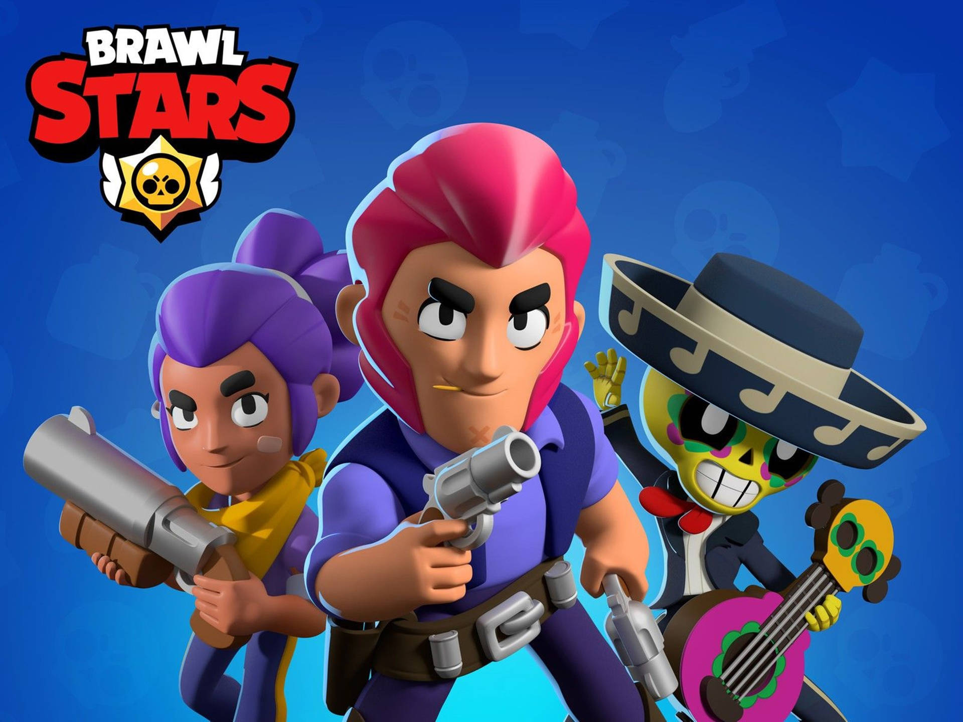 三個 Brawl Stars 角色在藍色背景前持武器和結他。
