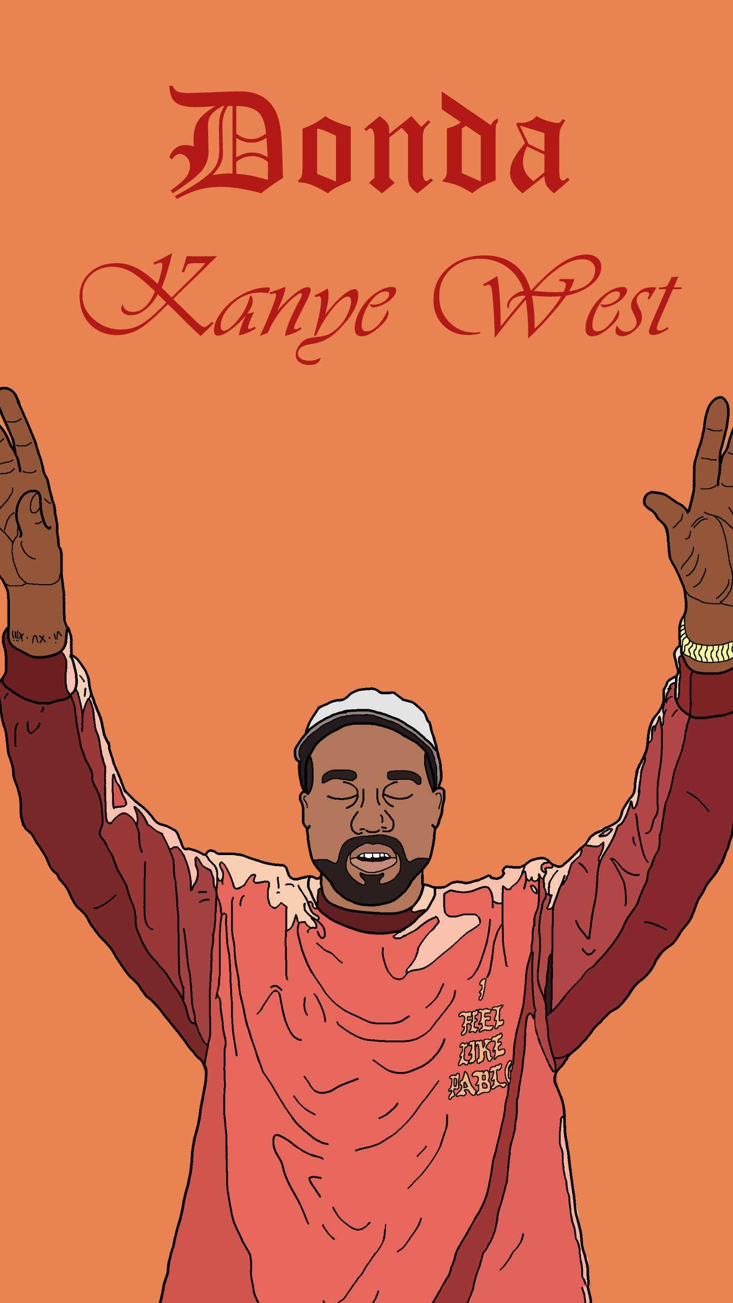 酷炫坎耶·威斯特《Donda》主題 壁紙 — Kanye West 高舉雙臂慶祝勝利，背景為純橙色，並有紅色字體的「Donda」和他的名字。