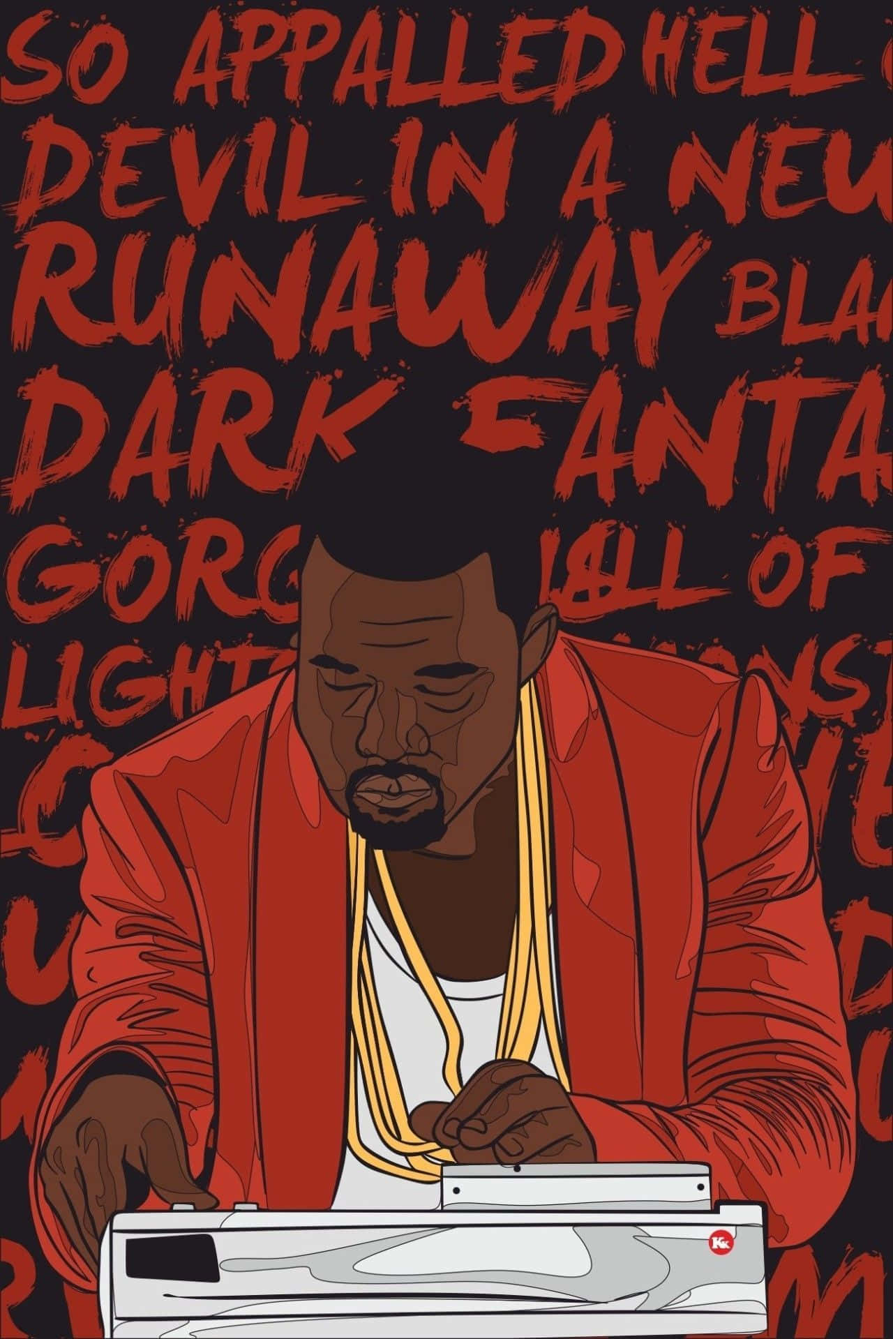Kanye West 身穿紅色外套和金色鏈條在唱盤前，背景為紅色文字。