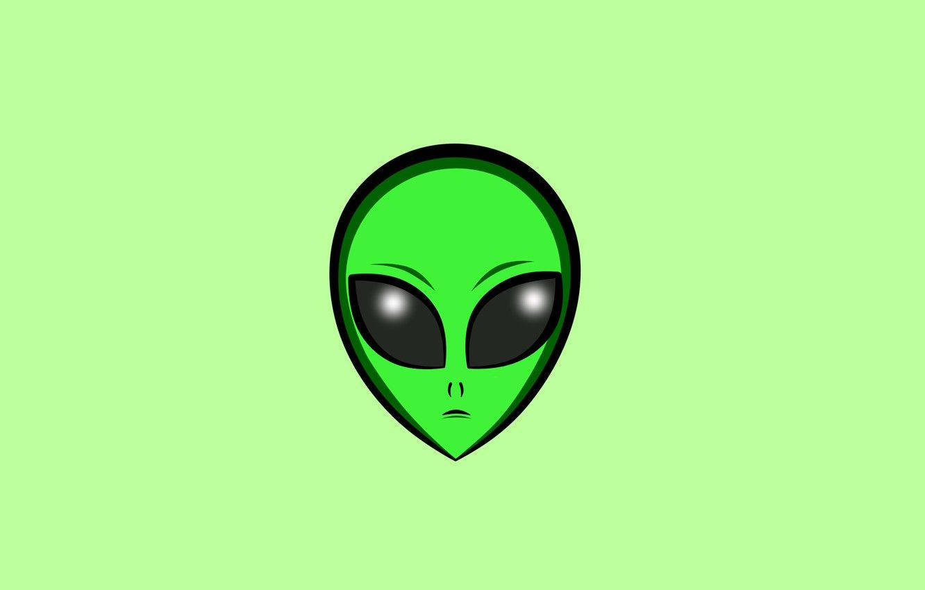 綠色卡通外星人頭部，帶有大黑眼睛，位於淺綠色背景上。