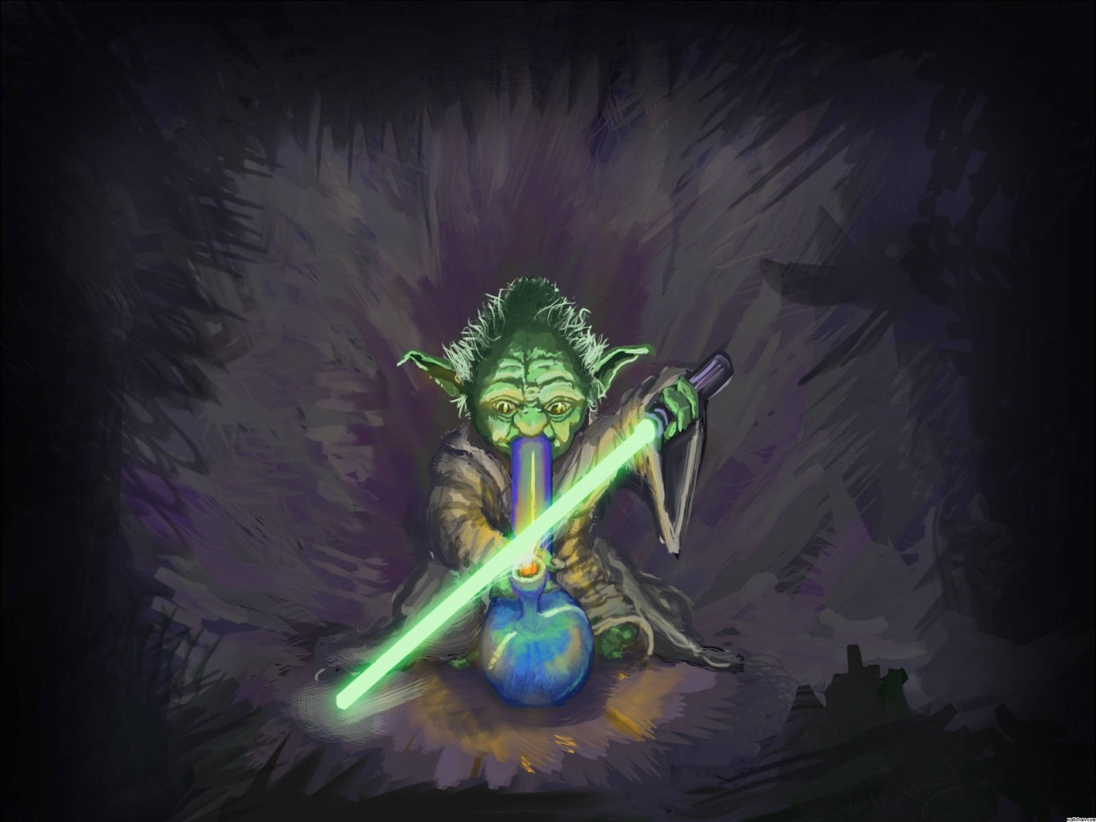 酷炫大師風 Yoda 吸煙壁紙 壁紙 — 一位綠色皮膚的絕地大師盤腿坐在黑暗的洞穴中，專注地揮舞著發光的綠色光劍。