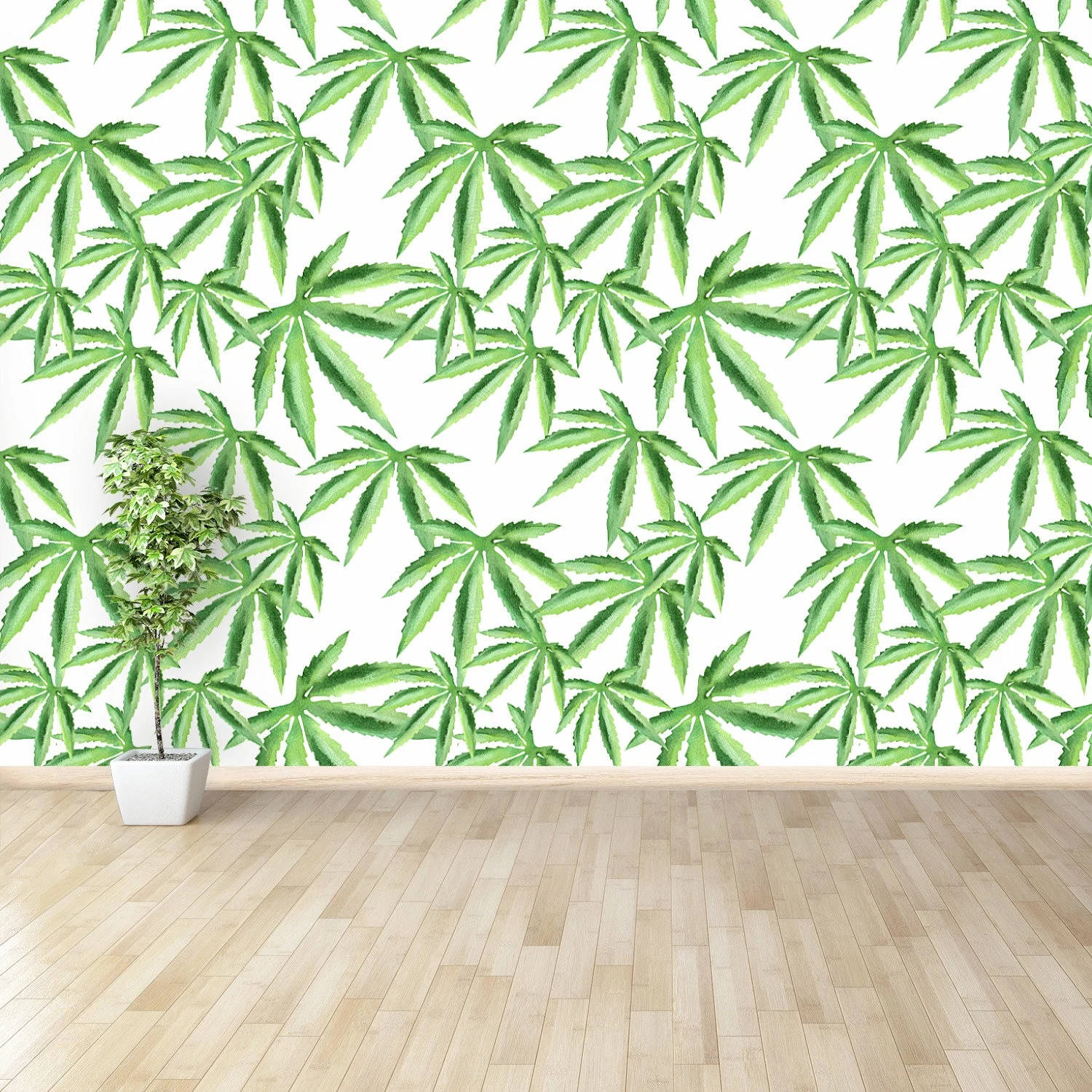 一個有木地板和大麻葉牆紙、帶盆栽植物的房間。