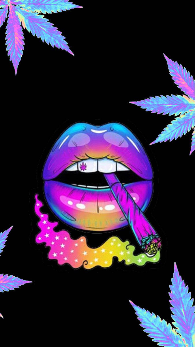 酷炫大麻唇部吸煙數位藝術 壁紙 — 鮮豔的霓虹嘴唇在黑色背景下吸食大麻煙，周圍環繞著發光的大麻葉。