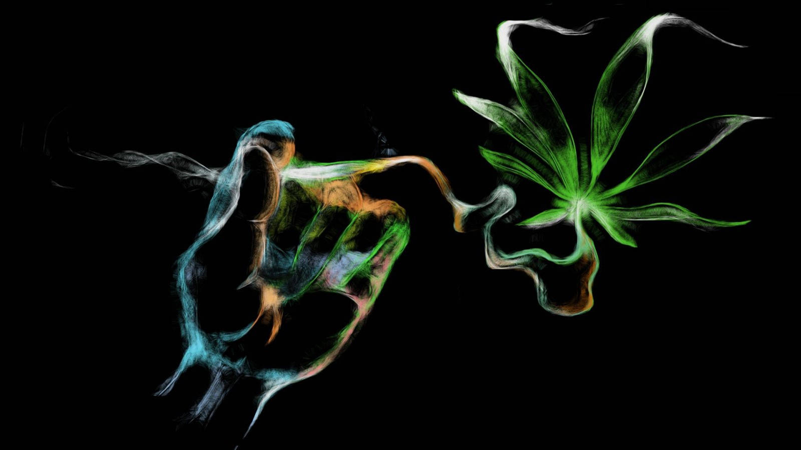 發光的手釋放出大麻葉形狀的綠色煙霧。