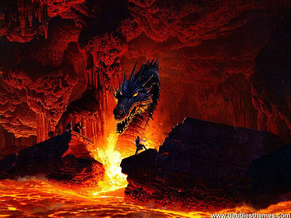 一名戰士在熾熱的火山洞穴中面對一條巨龍。