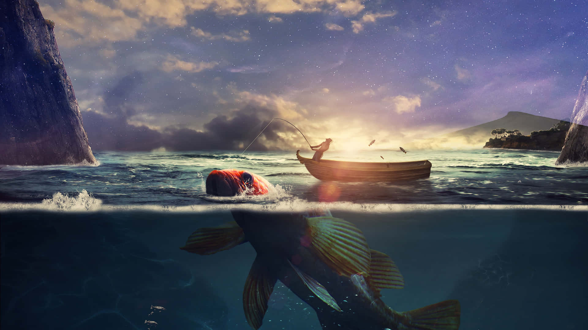 漁夫釣起一條巨魚，同時一條巨大的魚在黃昏時在水下游動。