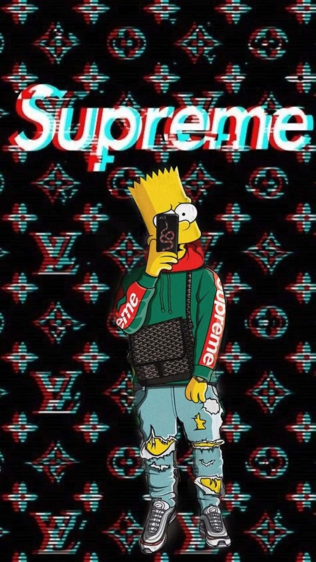 酷炫巴特·辛普森 Supreme 壁紙 — 巴特·辛普森穿著帶有故障效果的Supreme連帽衫，在重複的路易威登字母圖案前自拍。