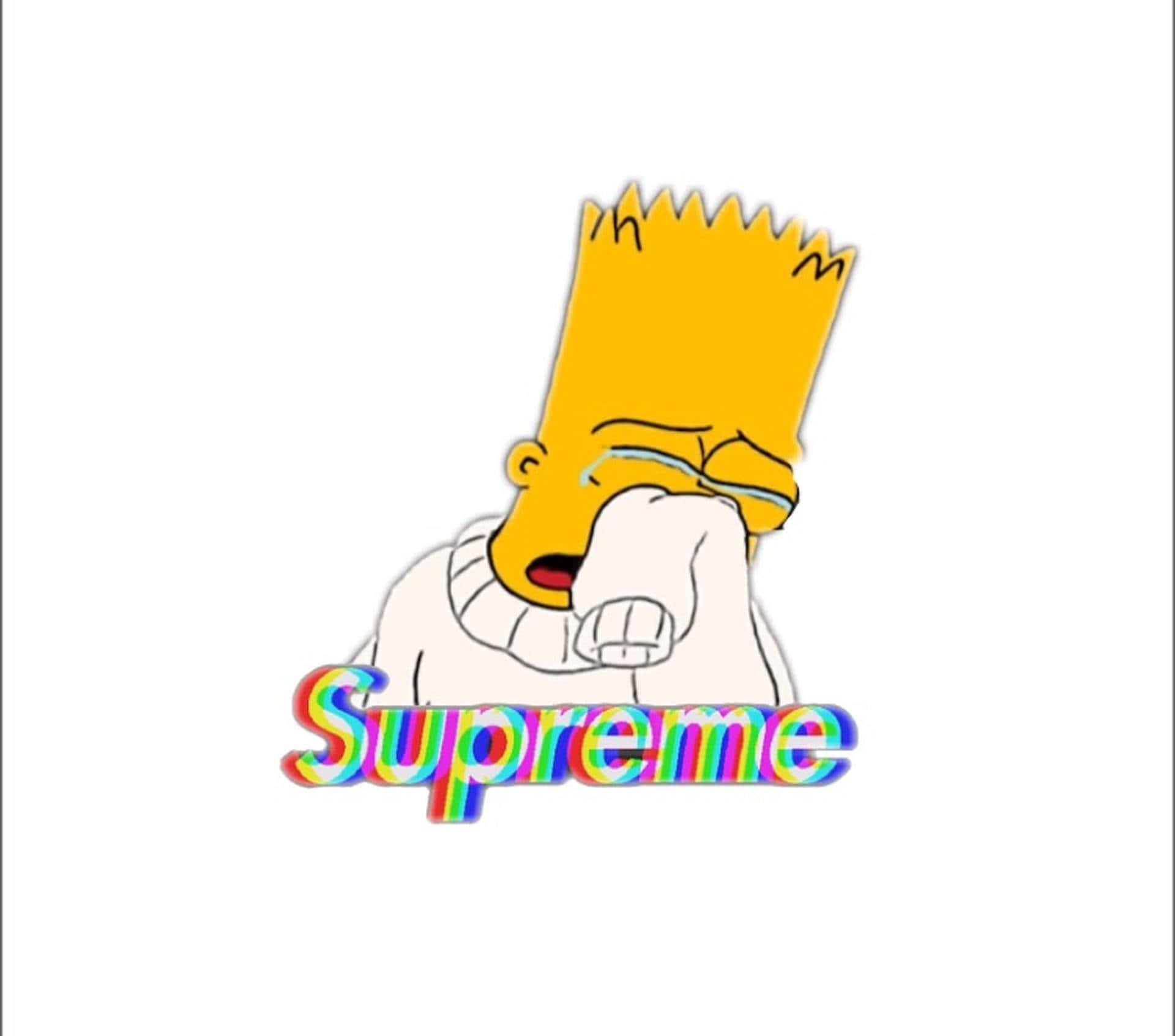酷炫巴特·辛普森 Supreme 壁紙 — 巴特·辛普森穿著白色毛衣，雙手捧臉哭泣，下方有彩虹Supreme標誌。