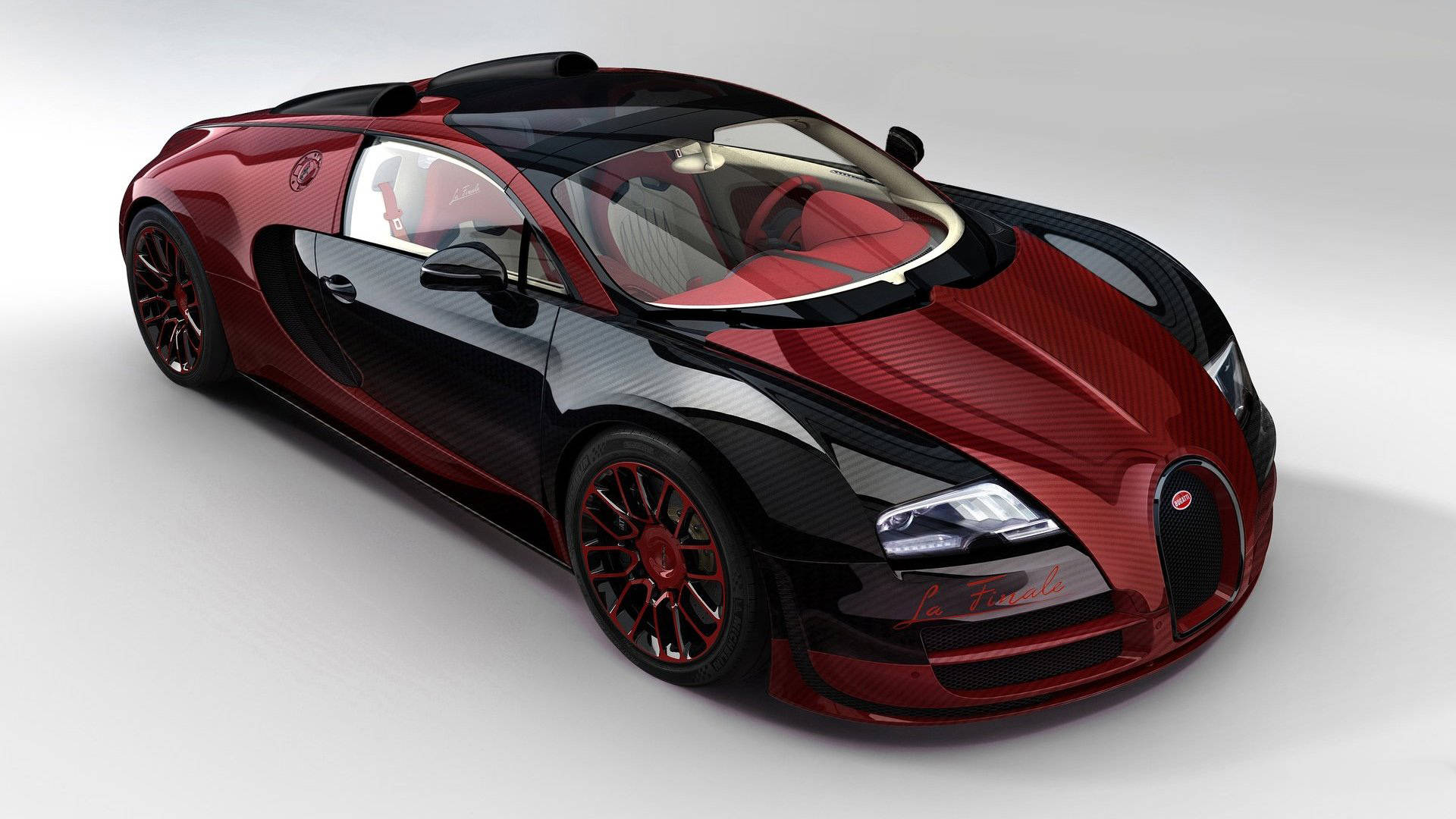 紅黑Bugatti Veyron La Finale，帶有碳纖維車身和紅色內飾。