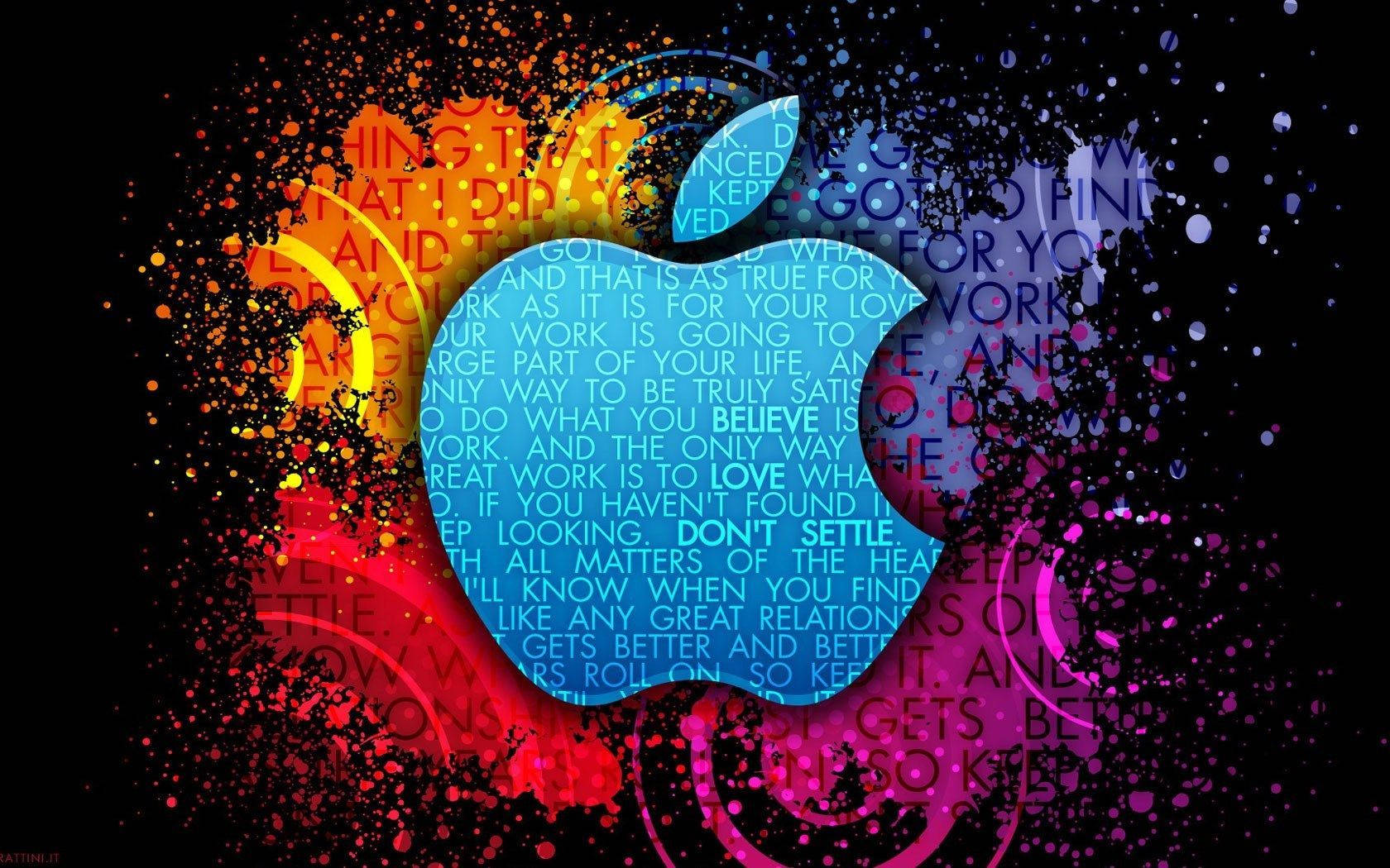 彩色油漆飛濺環繞著一個發光的Apple標誌，內含勵志語錄。