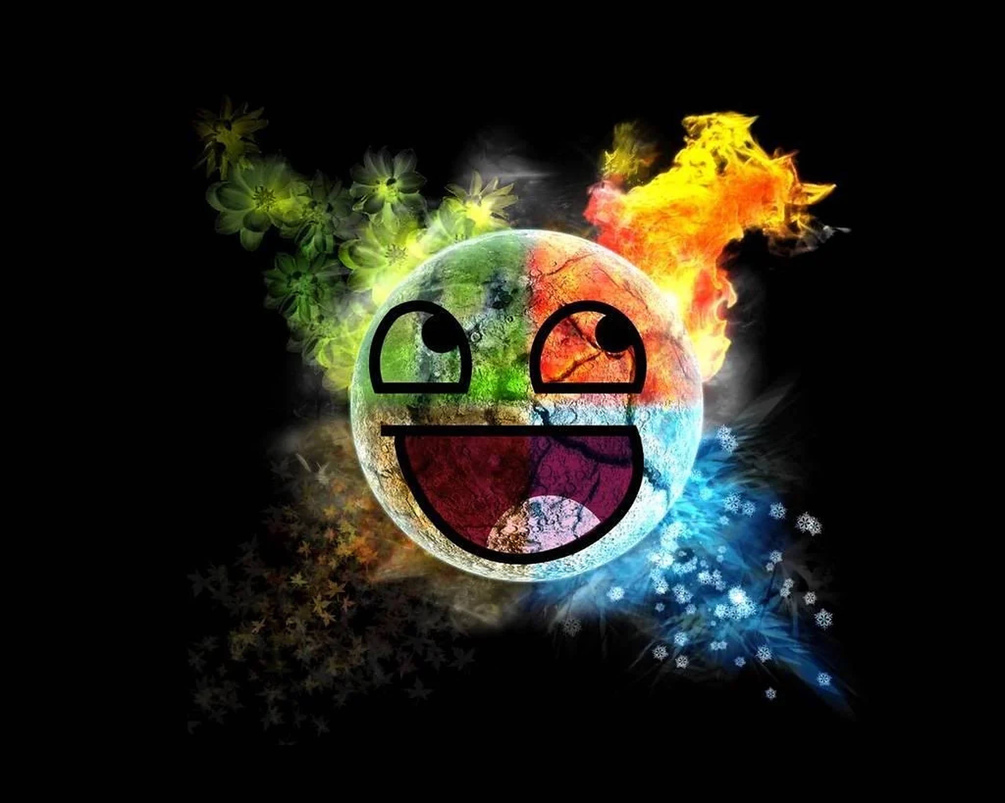 酷炫微笑臉頭像 壁紙 — 一個微笑的行星，擁有火熱的橙色頭髮、綠色的花藤和藍色的雪花，背景是黑色虛空。