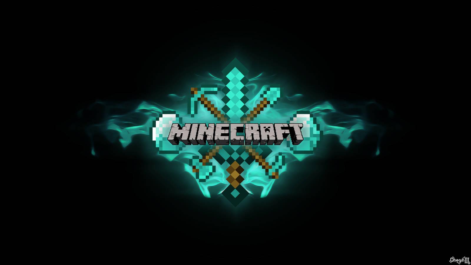 Minecraft 標誌，帶有在黑暗背景上發光的青綠色像素工具。 — 我的世界 壁紙