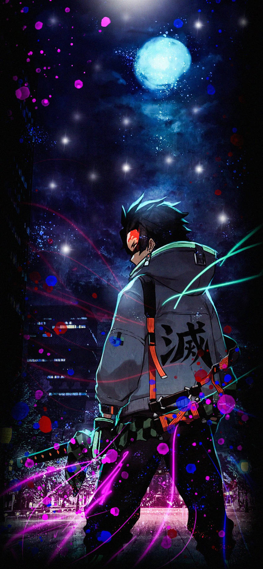 動漫戰士在霓虹燈照亮的天際下，手持發光劍立於宇宙月亮之下。