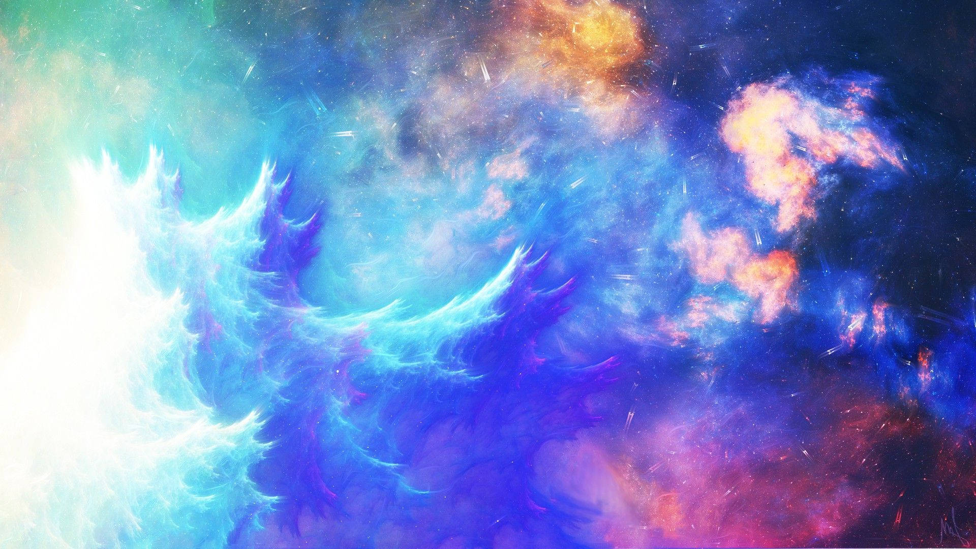 在深空中旋轉的藍色、紫色和橙色雲朵的充滿活力的宇宙星雲。