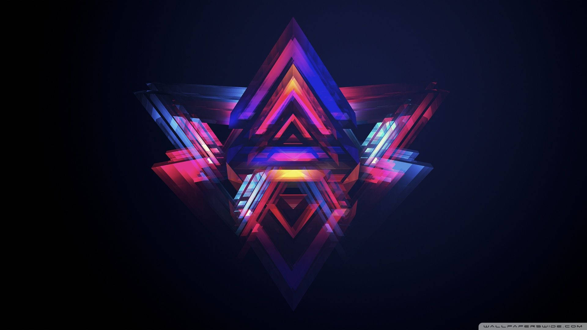 在深色背景上帶有發光三角形的霓虹幾何星爆