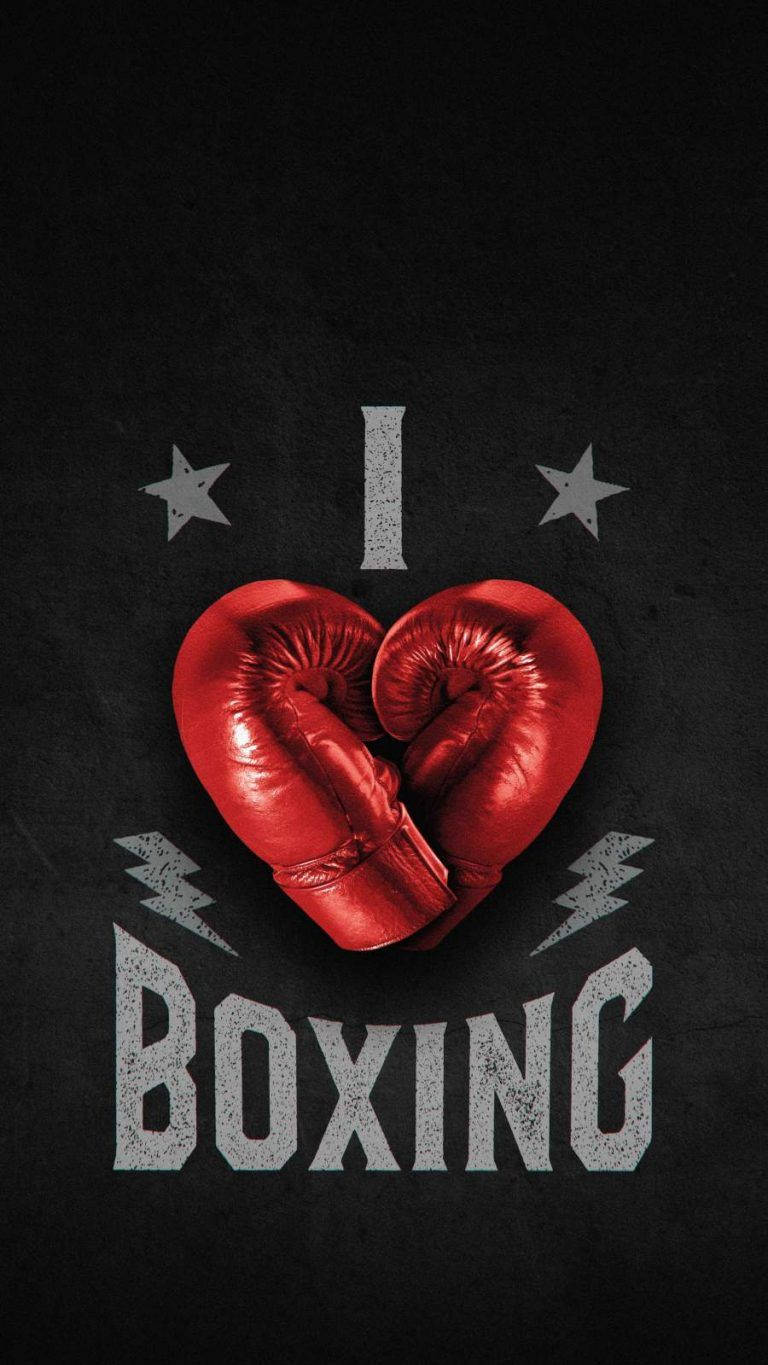 紅色拳擊手套形成心形，帶有「I ❤️ BOXING」文字，深色背景。