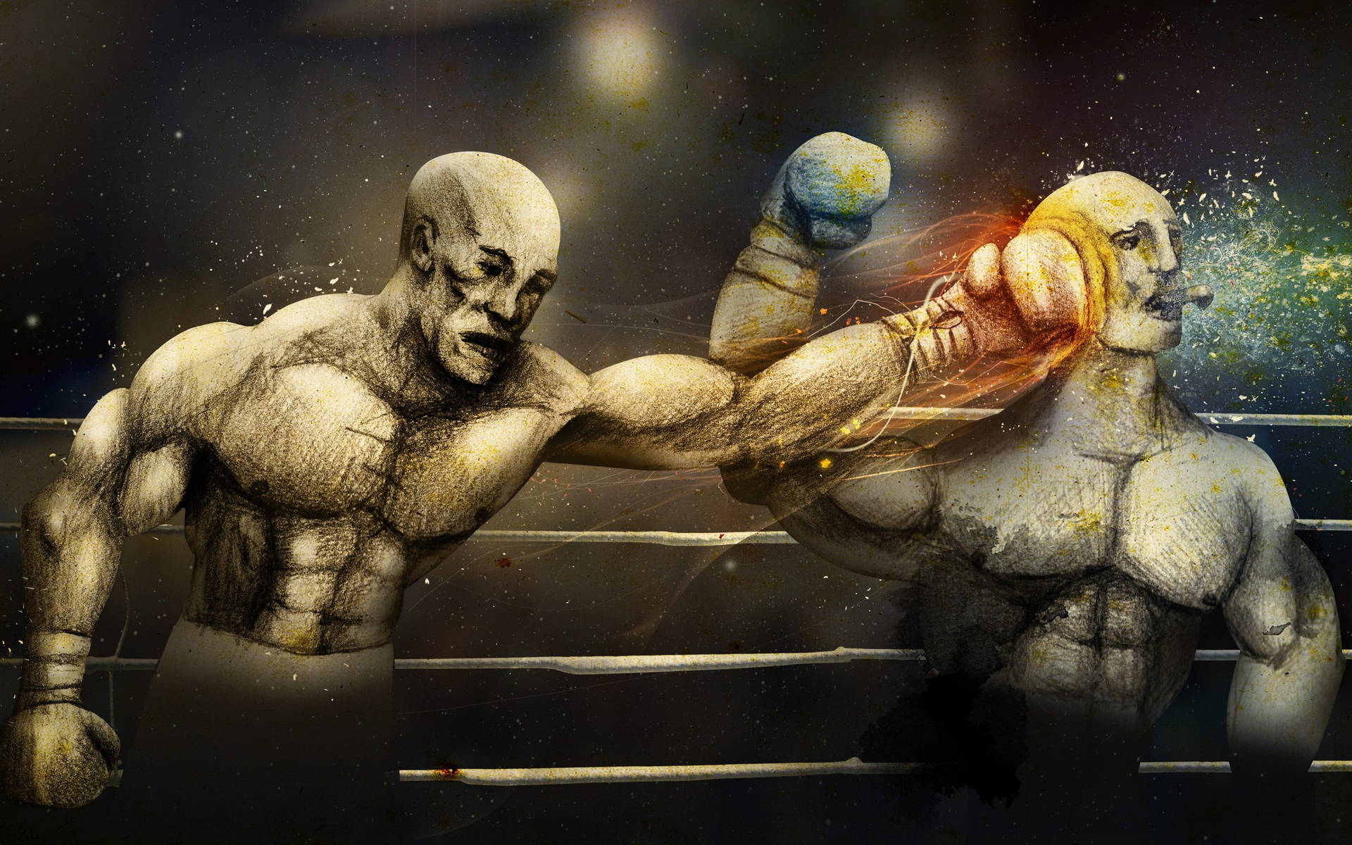 兩名拳擊手在燈光昏暗的擂台上交換強力一拳，帶有發光效果。