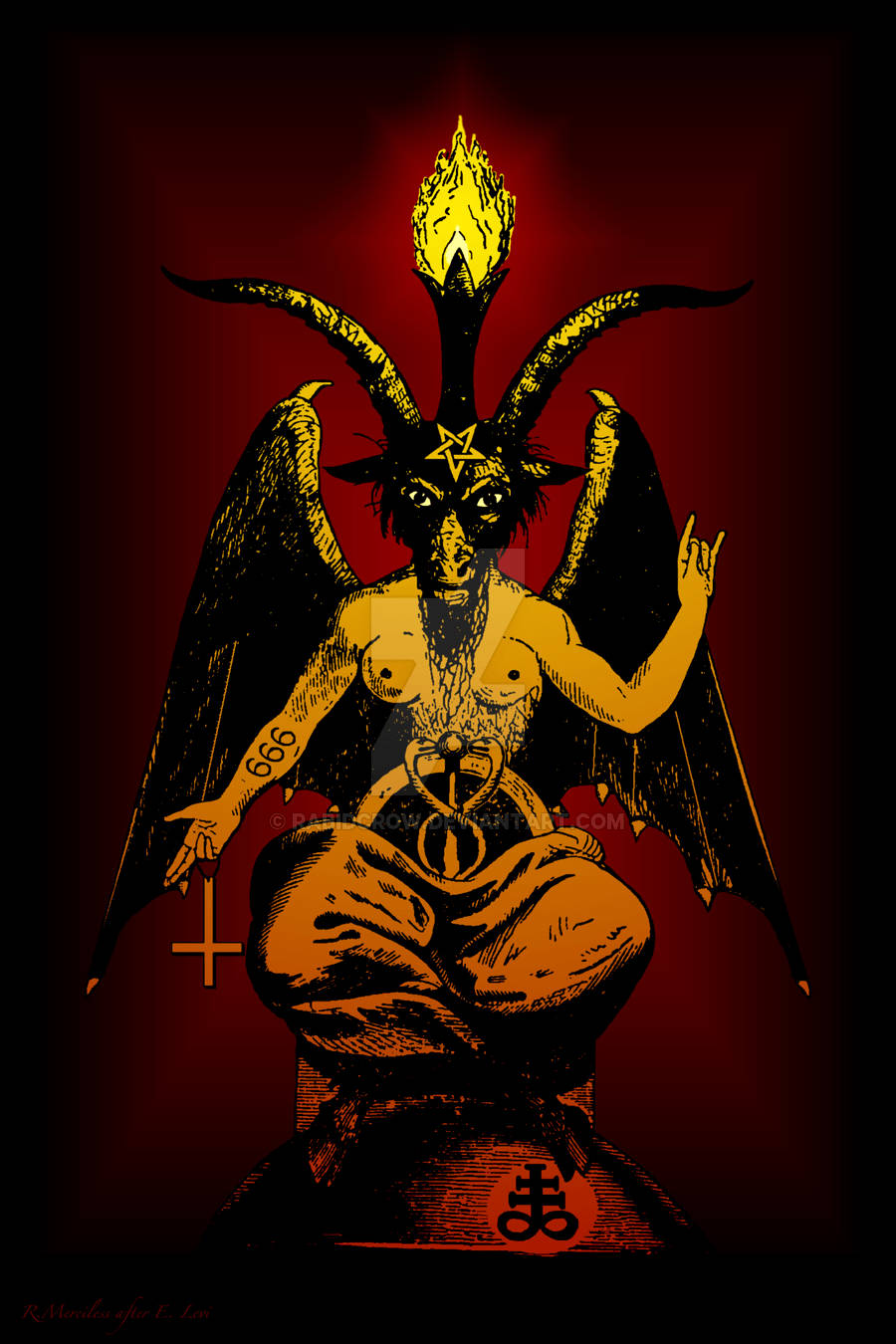 撒旦惡魔有角翅膀火焰王冠坐在王座上