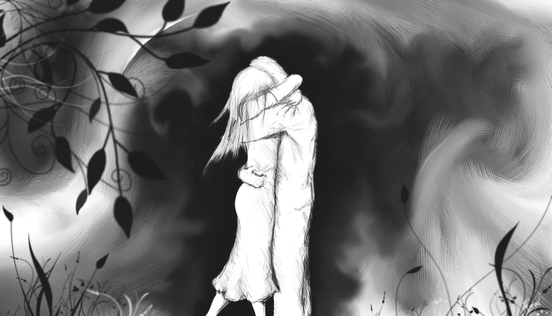 兩個動漫風格的人在旋轉的雲和藤蔓下擁抱。