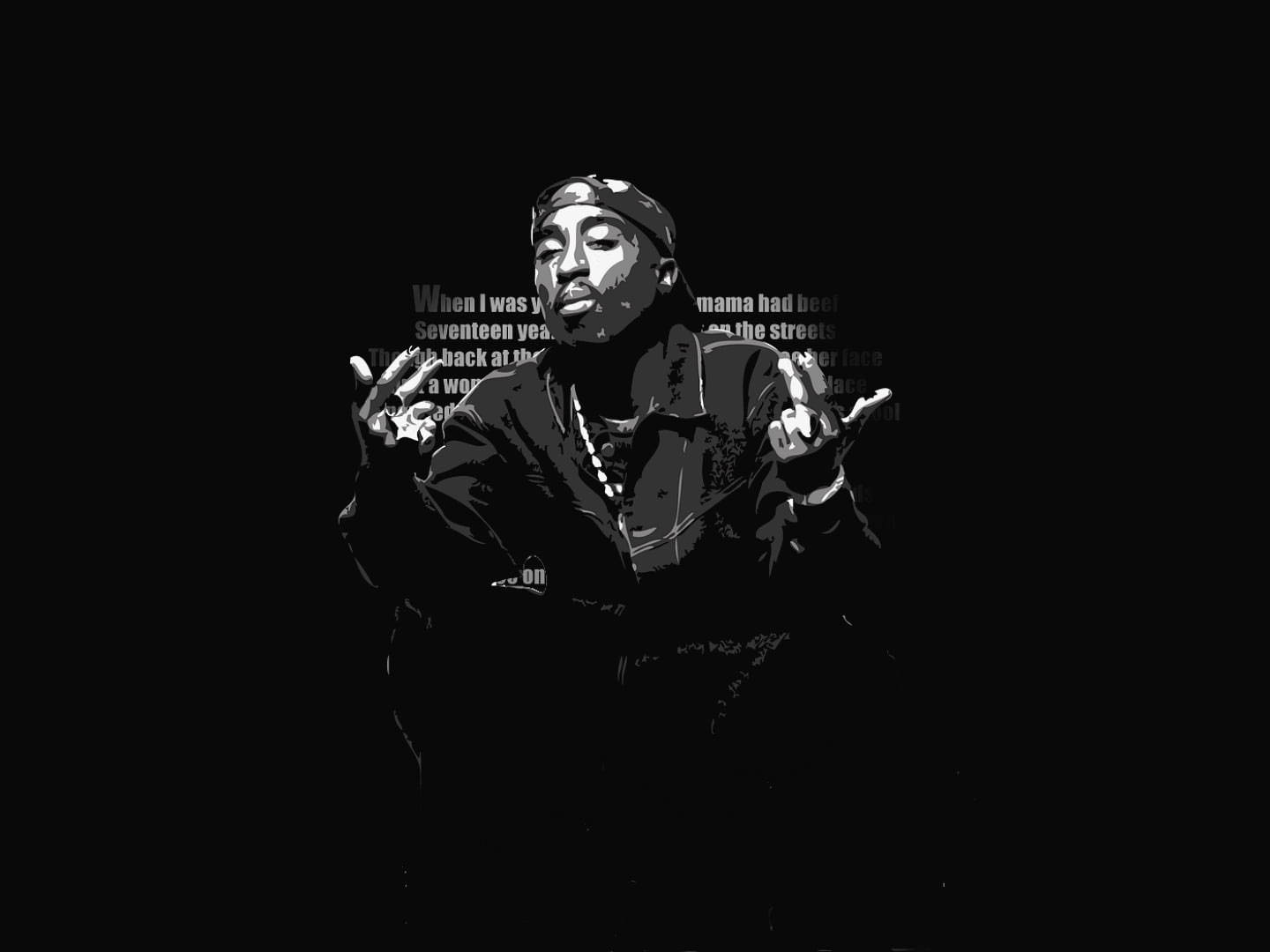 Tupac Shakur 的風格化黑白肖像，背景有歌詞。