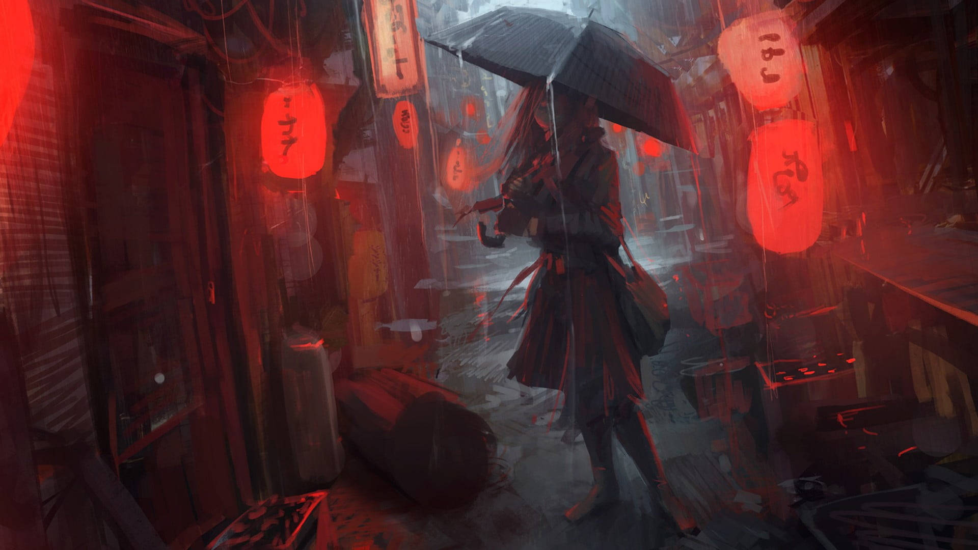 一個人在夜間被紅燈籠照亮的雨中小巷裡撐傘行走。