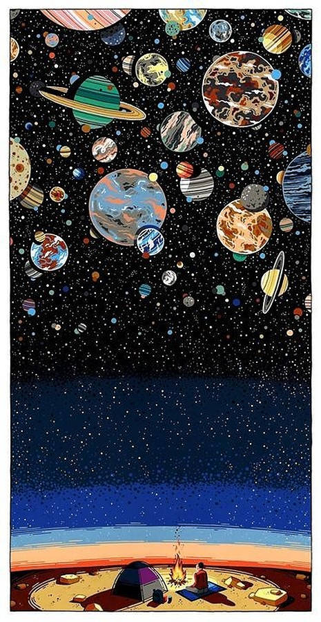 酷炫星系數位繪畫 壁紙 — 一個孤獨的露營者坐在營火旁，頭上是充滿色彩繽紛行星和星星的充滿活力的宇宙天空。