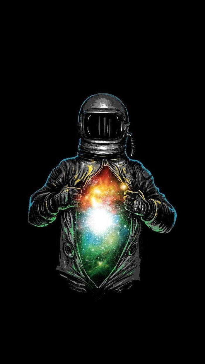 酷炫星系數位藝術 壁紙 — 一個穿著太空衣的人物撕開外套，露出胸口內一個在黑色虛空中發光的 vibrant 宇宙星雲。