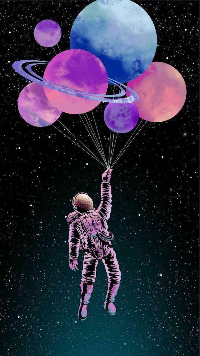 酷炫星系行星氣球 壁紙 — 一名太空人在太空漂浮，手持連接到彩色行星氣球的繩索，背景是星光燦爛的宇宙。
