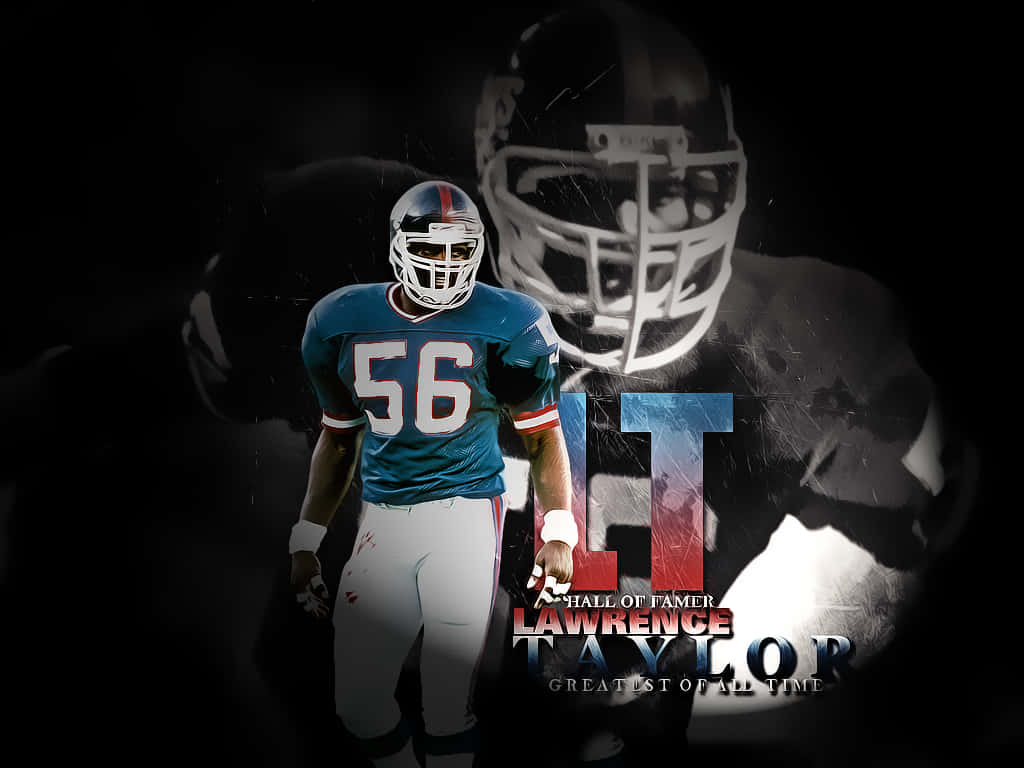 身穿藍色球衣56號的足球運動員Lawrence Taylor，帶有「Hall of Famer」文字。