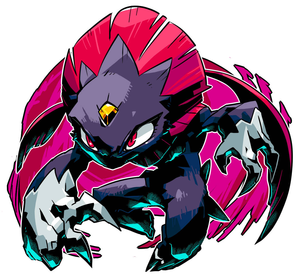 酷炫暗黑風格 Weavile 藝術作品 壁紙 — 一隻兇猛的深紫色寶可夢，擁有發光的紅色眼睛和鋸齒狀的粉紅色能量光環，用鋒利的爪子向前猛撲。