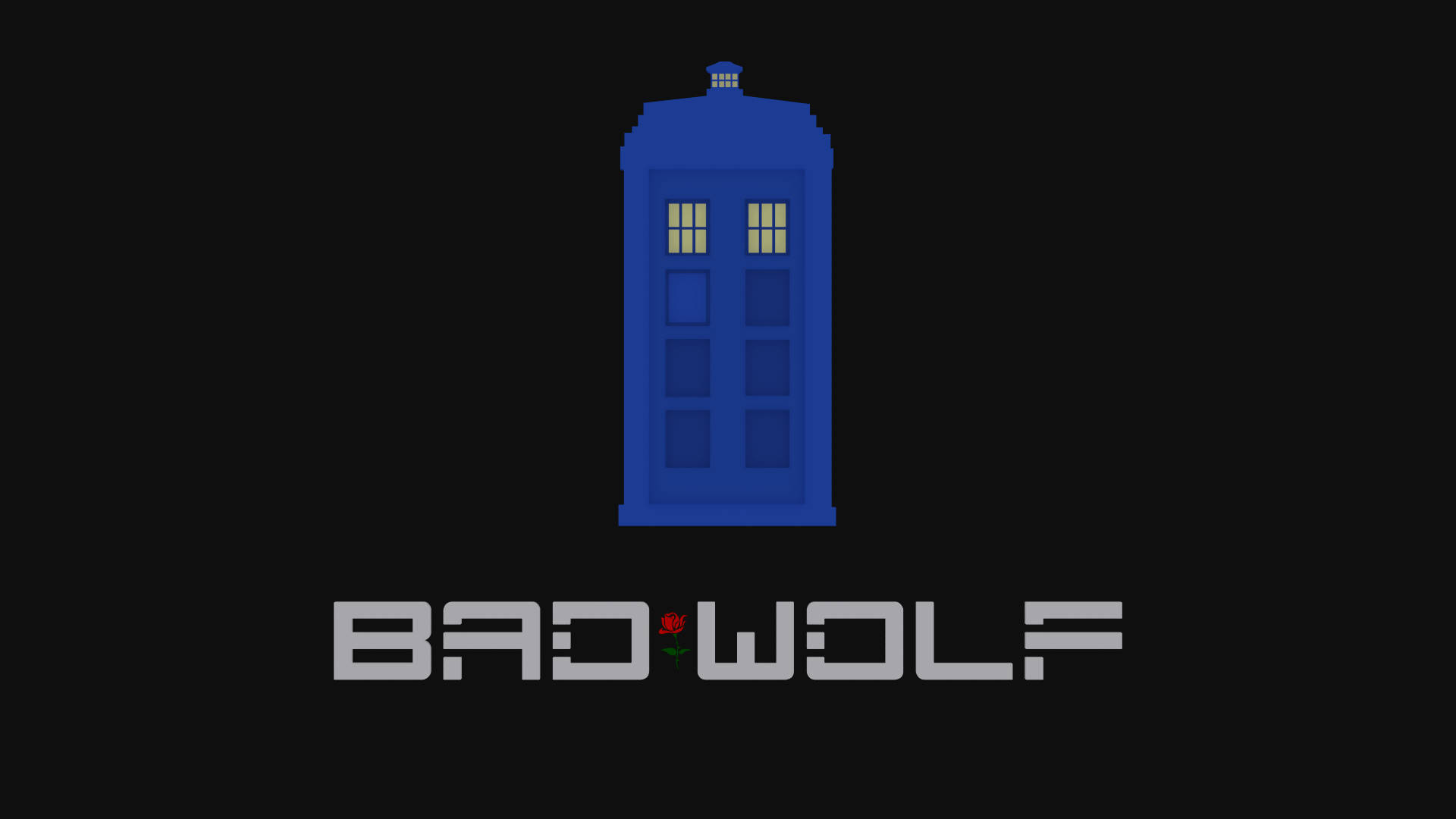 像素化的藍色警察亭，帶有發光的窗戶，上方有「BAD WOLF」文字和一朵紅玫瑰。