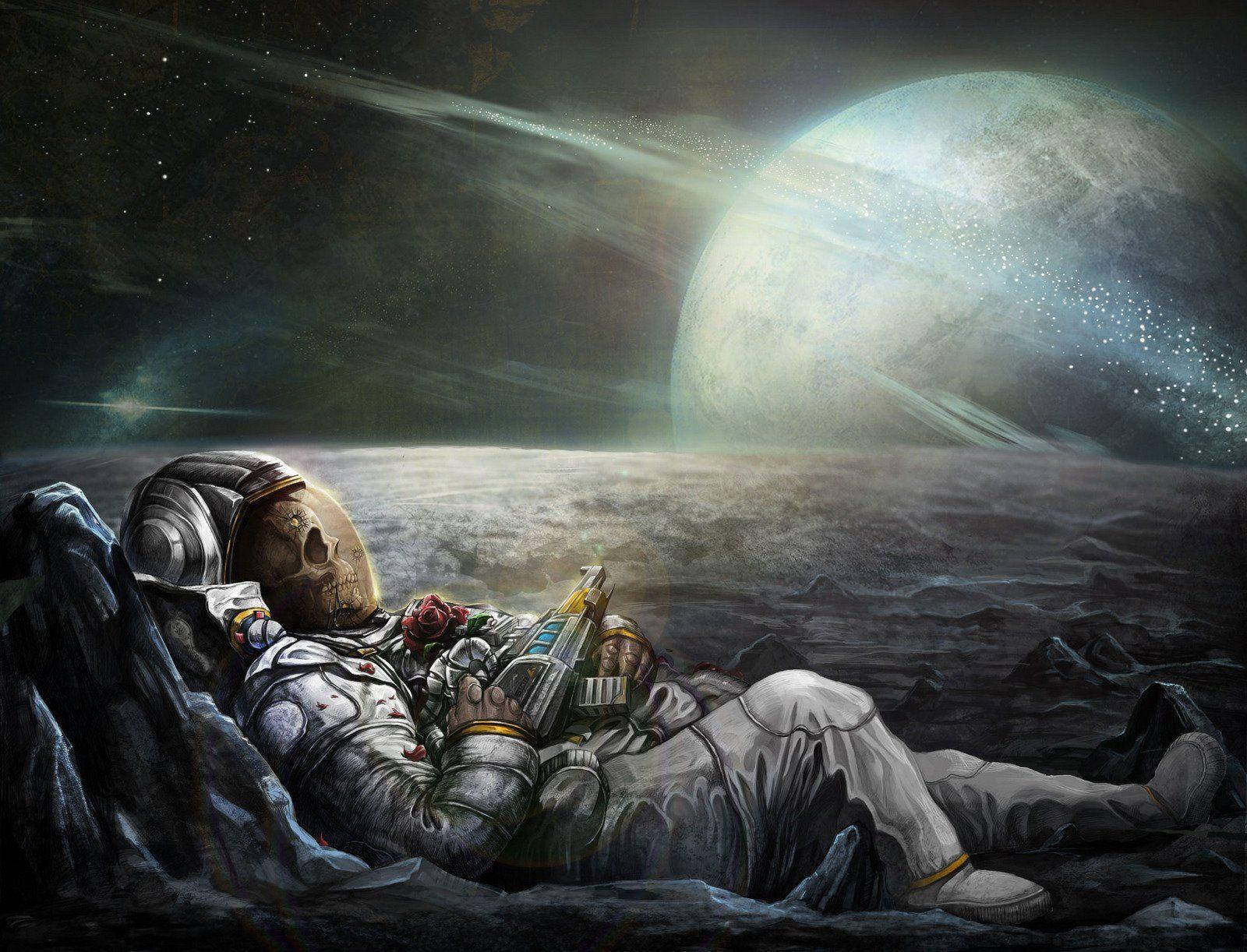 一個骷髏太空人躺喺外星行星上，喺發光月亮下揸住一朵玫瑰同一個裝置。