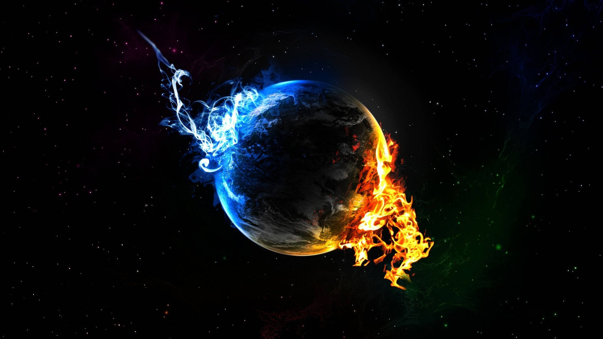 在宇宙場景中，行星一半被火吞噬，一半被冰覆蓋。