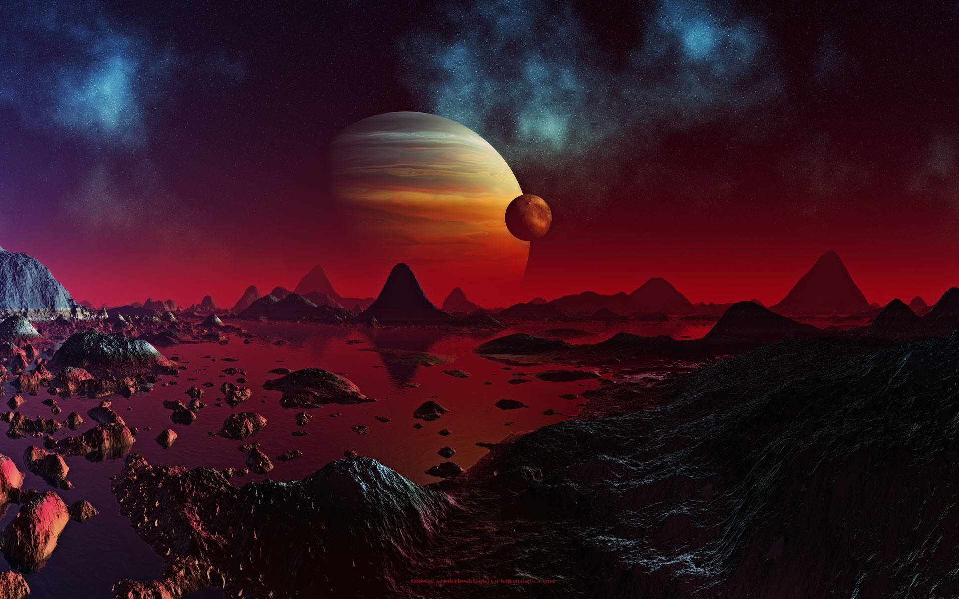 在一個巨大的條紋行星下，有紅色天空和漂浮山脈的外星行星。