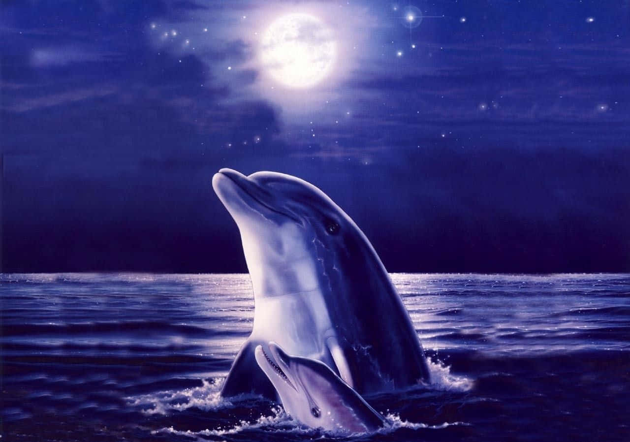兩條海豚在明亮的月亮和星空下優雅地從海浪中躍起。