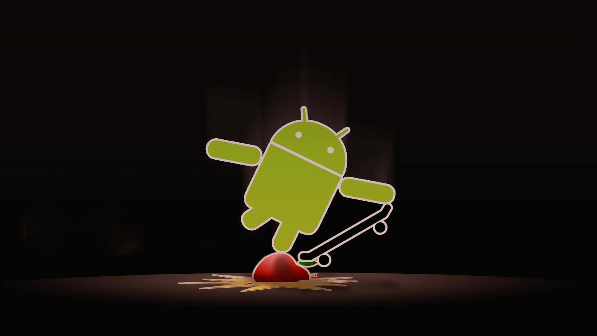 酷炫滑板手街頭飄逸 壁紙 — 一個發光的綠色Android吉祥物在黑暗房間的木質表面上，於一個紅色蘋果上保持平衡。