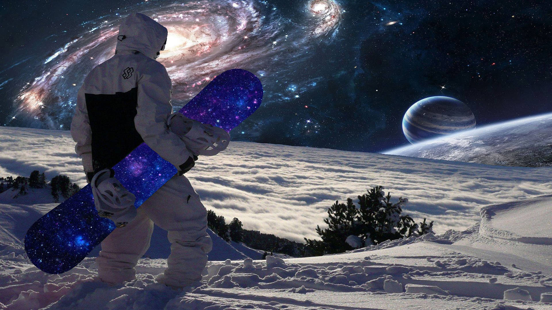 滑雪板手在雪山手持銀河滑雪板，星空下帶有行星
